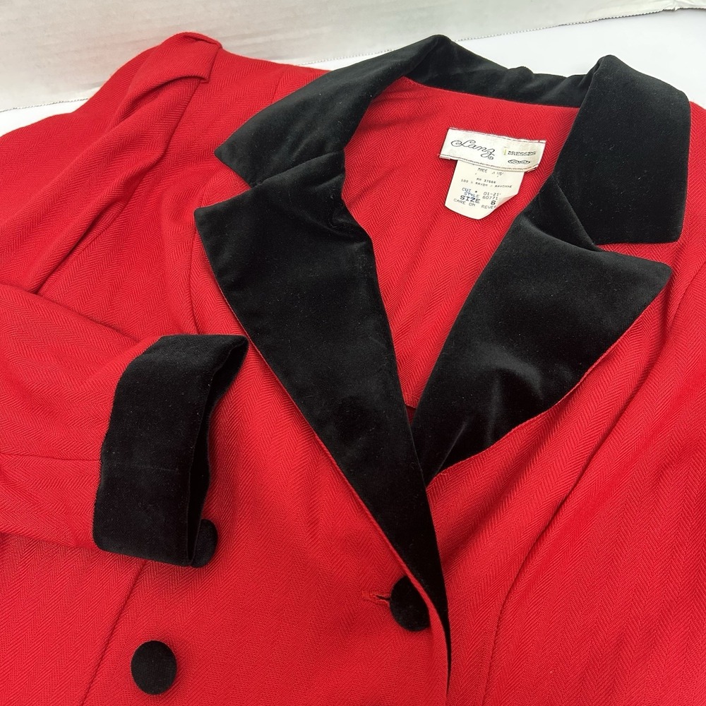 Lanz Dresses Vintage Red Rayon Dress USA Made  Size‎ 6 Double Breast Velvet Trim